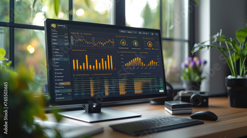 A computer monitor displays a graph of stock prices