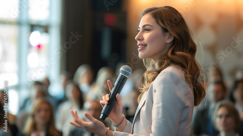 a professional women speaker engages an attentive audience at a business conference with eloquent public speaking