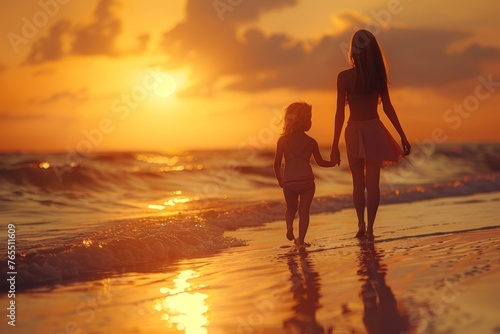 Mother and her daughter, enjoying walk along beach, sunset, Generative AI
