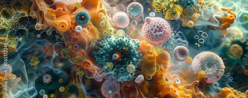 Unveil the hidden world of microbiomes in a captivating aerial perspective, highlighting their vital contribution to human health Let the visual depth showcase the complexity 