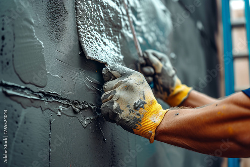 Workers are doing plastering work to build a house.