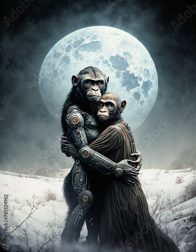 Magnifique portrait d'un couple de singes enlacés, une lune blanche en arrière plan, le décor est enneigé de nuit, le mâle a un corps de robot, la femelle porte un vêtement en tissu brun sombre 