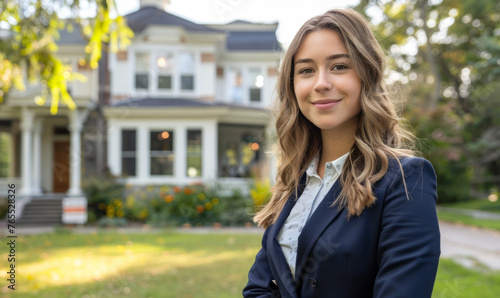 Realtor standing in front of a luxury house - successful sale