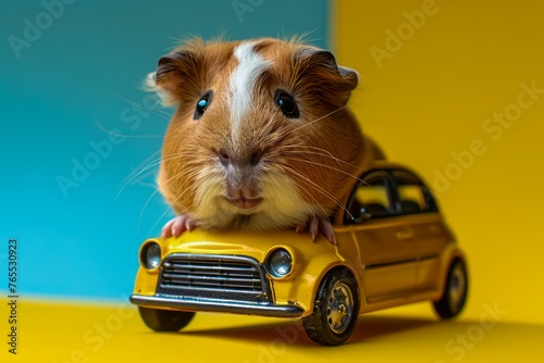 Cute Brown and White Guinea Pig Sitting on a Miniature Yellow Toy Car Against a Blue and Yellow Background
