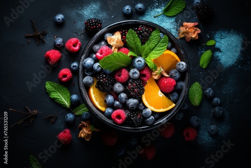 Top view plate with fresh juicy berries and ripe fruits. Healthy eating and nutrition concept