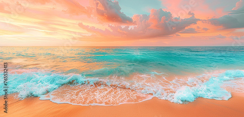 A tropical beach scene captured in vivid chromatic tones, with turquoise waters lapping against golden sands under a sky painted with hues of pink and orange
