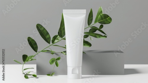 Mockup Organic Skincare Product Presentation with Blank Cosmetic Tube and Natural Greenery complemented by fresh green leaves and delicate flowers - AI generated