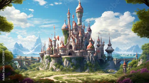 A whimsical fairy tale castle with towers and spires.
