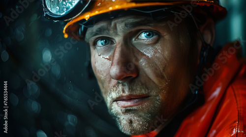 Close-up of a tearful miner wearing a helmet and light, with rain streaks on his face, conveying emotion and grit.