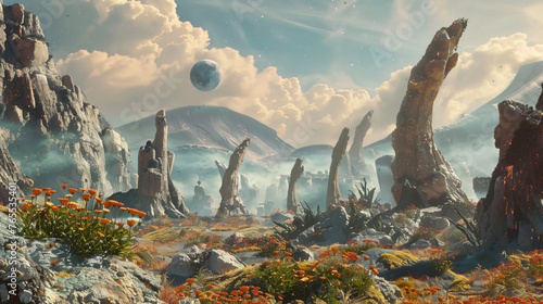 An alien landscape with strange rock formations and al