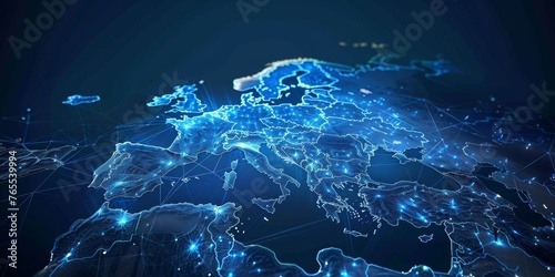 Abstract map of Western Europe, concept of European global network and connectivity, data transfer and cyber technology, information exchange and telecommunication, Generative AI