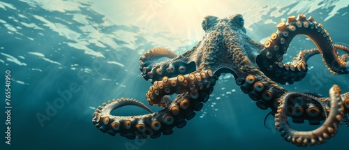  An octopus in the ocean, illuminated by sunlight from behind and its head above water
