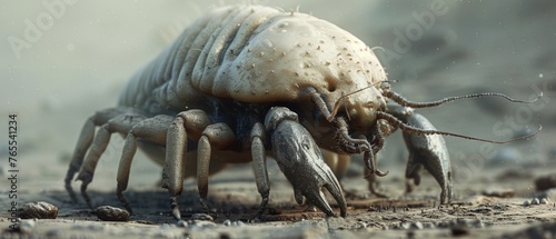 Create a 3D depiction of a dust mite, emphasizing the importance of a clean environment for allergy sufferers