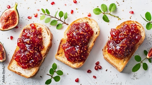 Freshly toasted bread slices generously spread with homemade fig jam, accompanied by fig slices and pomegranate seeds on a white background