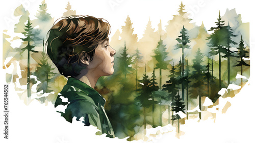 Watercolor Painting of a Young Boy Superimposed on a Forest Background