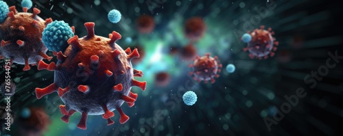 Virus theme, microscopic view of floating virus cells. banner, wallpaper