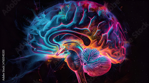 Abstract visualization of an MRI brain scan for a person with epilepsy, where the affected areas are illuminated in vibrant colors against a darker, contrasting background.