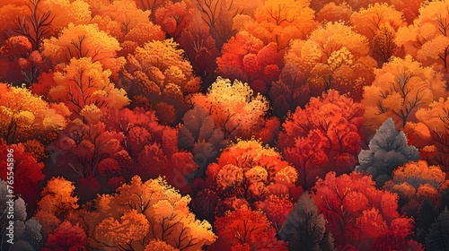 Vibrant Autumnal Forest Tapestry - A Breathtaking Overhead View of Nature's Fiery Seasonal Display