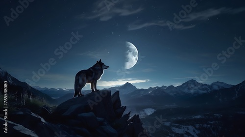 A hyper-realistic depiction of a lone wolf under the moonlight. 