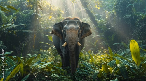 Sumatran elephant in dense jungle soft morning light lowangle shot vibrant green foliage background