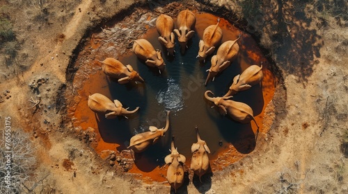 Aerial view of a herd of elephants congregating around a small waterhole in a drought-stricken savanna, exhibiting natural wildlife behavior and group dynamics