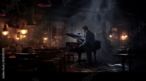 Inside a dimly lit smoky jazz club, the pianist's fingers dance across the keys, painting melodies in the air.