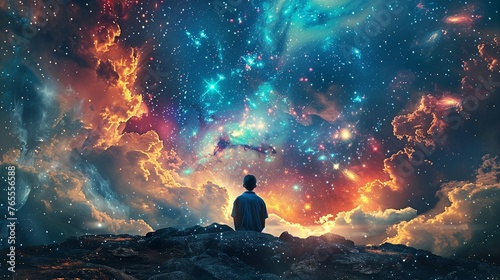 Illustrate the concept of introspection and enlightenment through a surreal image of a person gazing into an endless universe Depict a figures back against a cosmic backdrop, symbolizing profound thou