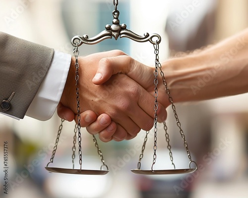 Capture a close-up image that symbolizes the importance of ethical decision-making in business Incorporate elements like a handshake or scales of justice to visually represent honesty and fairness