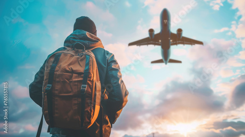A traveler with a backpack watches an airplane flying overhead