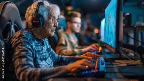 Elderly woman and male friend playing video game on computer