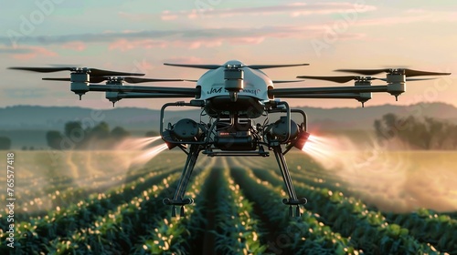 An agricultural drone sprays crops in a farmer's field. Agriculture and technology concept. Landscape view for wallpaper, poster, banner