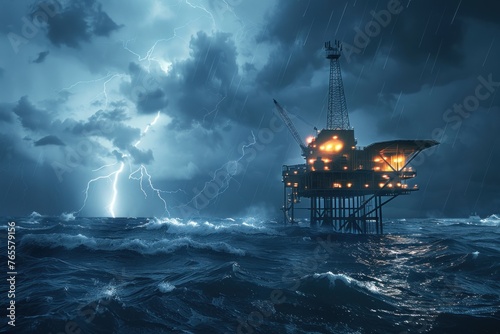 An oil platform in the middle of the ocean Storm