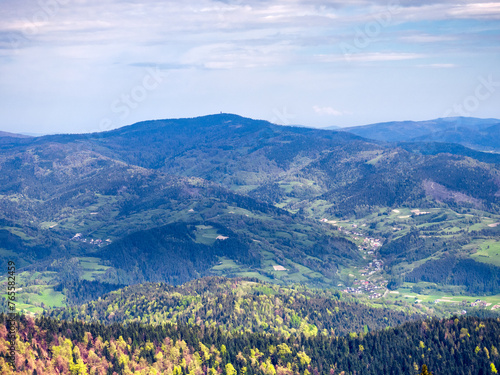 View of Village Ochotnica Dolna in Gorce mountains from summit of mountain Luban.
