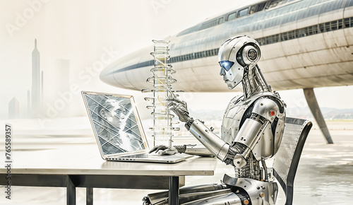 Androïde assis devant un ordinateur et un outil en verre cylindrique fait des expérimentations, vaisseau spatial et cité futuriste en arrière plan flouté, couleurs pâles