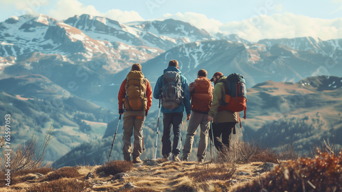 team of hikers in the mountains exploring nature, friends hiking in the mountains team work concept 