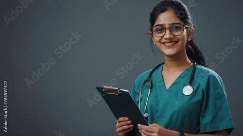young indian woman professional nurse female doctor wear green uniform glasses holding clipboard make notes