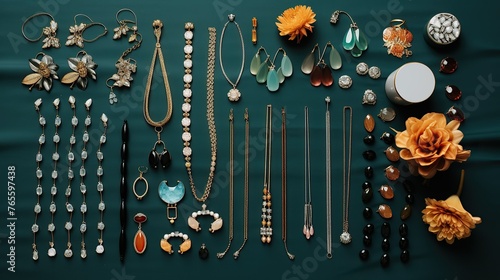 A variety of jewelry pieces on a teal background, this setup could serve for a boutique's social media content or an online catalog showcase.