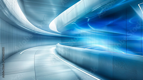 Futuristic corridor with blue lights, illustrating modern architecture, technology, and the concept of motion and speed