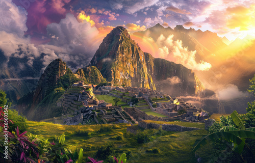Machu Picchu at sunset, beautiful clouds and green fields, gorgeous colors, mountains in the background, Inca ruins, ancient city, misty environment