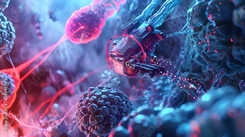 View of a nanobot interacting with human cells, depicting the application of nanotechnology in medicine.