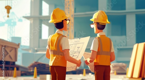 Personnages cartoon de deux architectes sur un chantier en construction, tenant des plans.