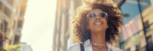 Joyful woman enjoying the sun in urban setting - An upbeat African-American woman smiling with sunglasses, basking in the urban sunlight