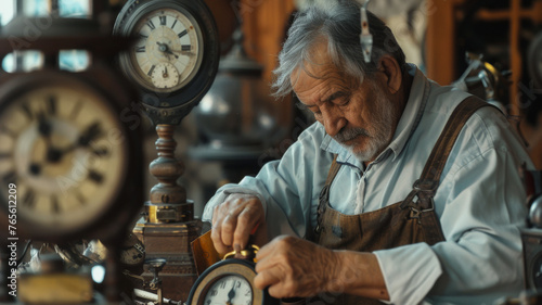 An artisan clockmaker engrossed in time-honored craftsmanship.