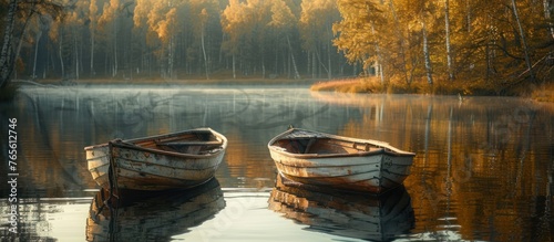 Two weathered rowing boats are anchored near the calm lake shore, peacefully bobbing in the water.
