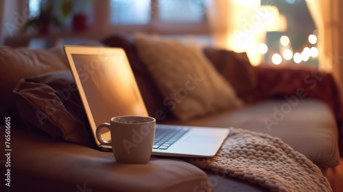Ambiente domestico tranquillo con un laptop e una tazza di caffè, che rappresenta la comodità di lavorare da casa