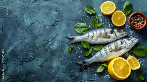  A pair of fish atop a table with lemons & additional cuisine nearby