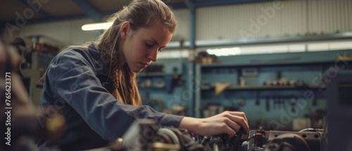 Focused young woman meticulously working on machinery in a well-equipped workshop.