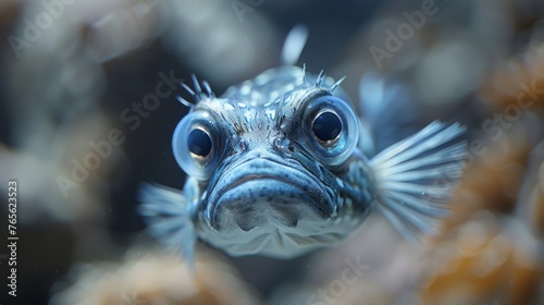  A pufferfish in close-up, appearing shocked on its face