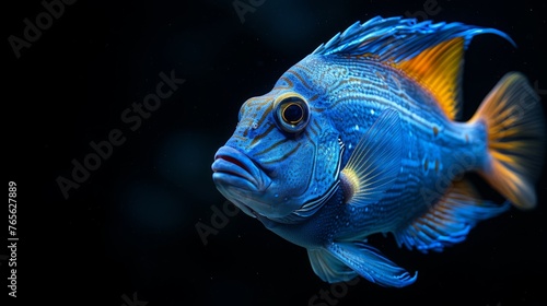  A close-up photo of a blue-yellow fish illuminated from the side in a dimly lit environment