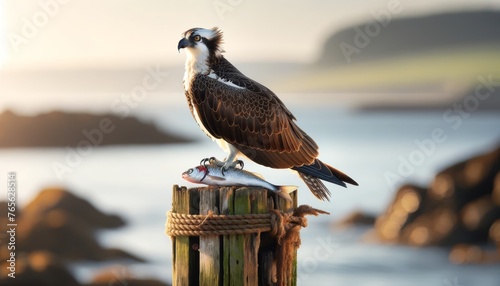 A medium shot of an osprey perched on a weathered wooden post by the sea, with a fish in its talons.